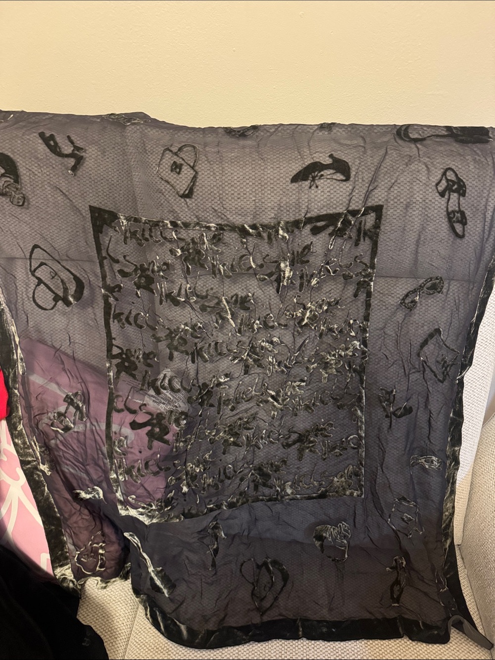 Sonia Rykiel Paris Black Sheer vintage scarf with Velvet Script Motifi